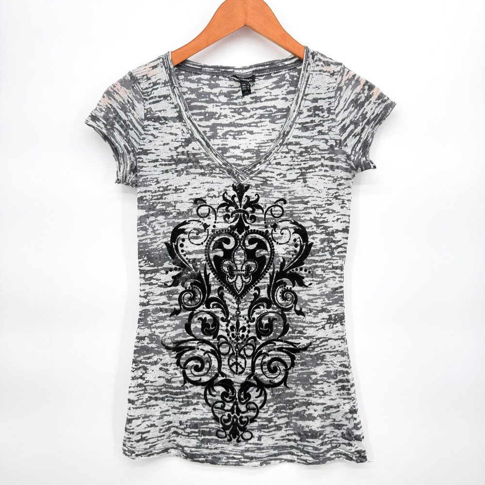 Vanity T-Shirt Burnout Damask Flocked Graphic Y2K Retro Grunge Size Small